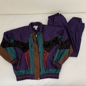 VTG Windbreaker Tracksuit Women L Purple Quilted Velvet Floral Shimmer Nylon 90s